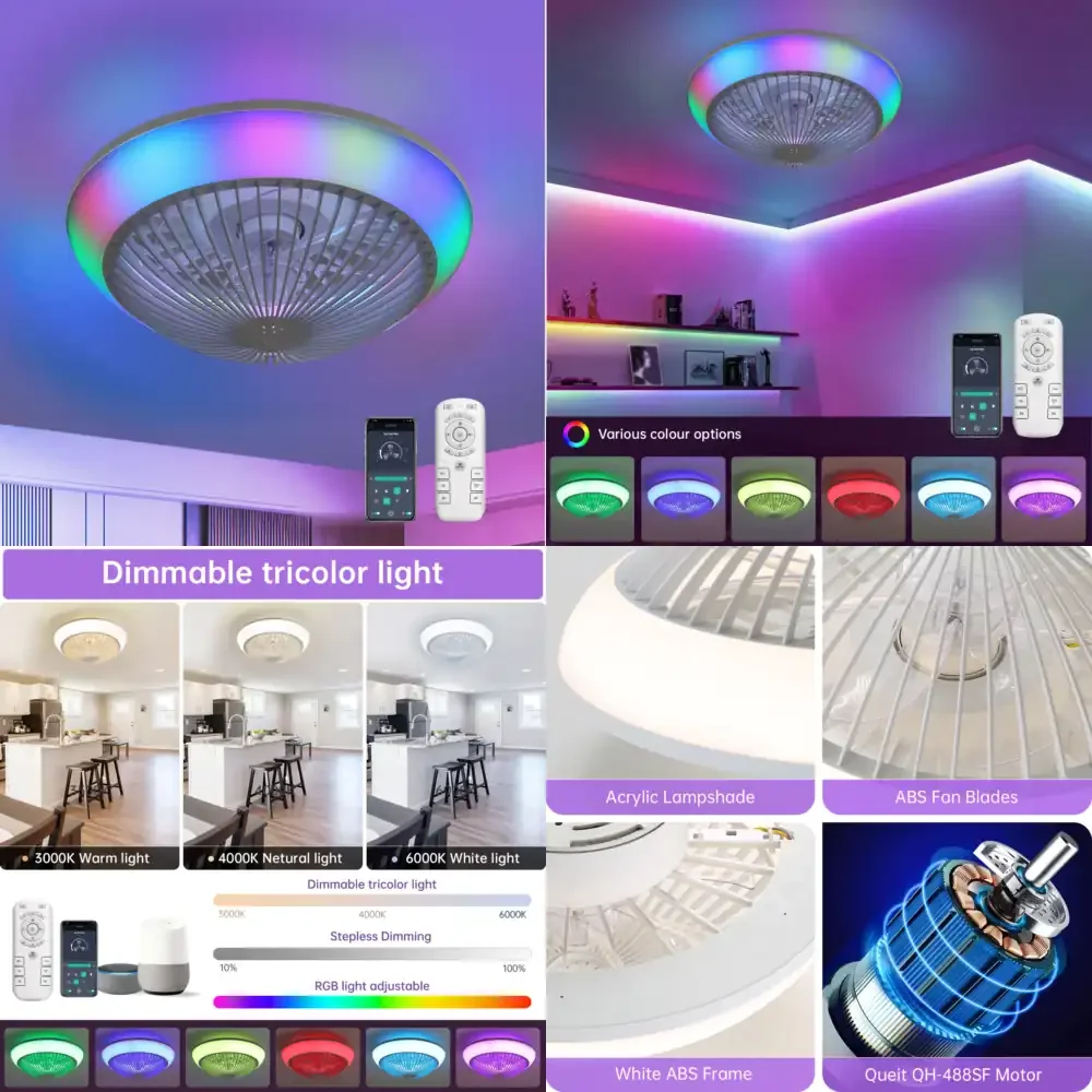 15 Inch RGB Dimmable LED Enclosed Ceiling Fan with Light Modern Bladeless Design 6 Speed Remote Control for Bedroom Kids Room