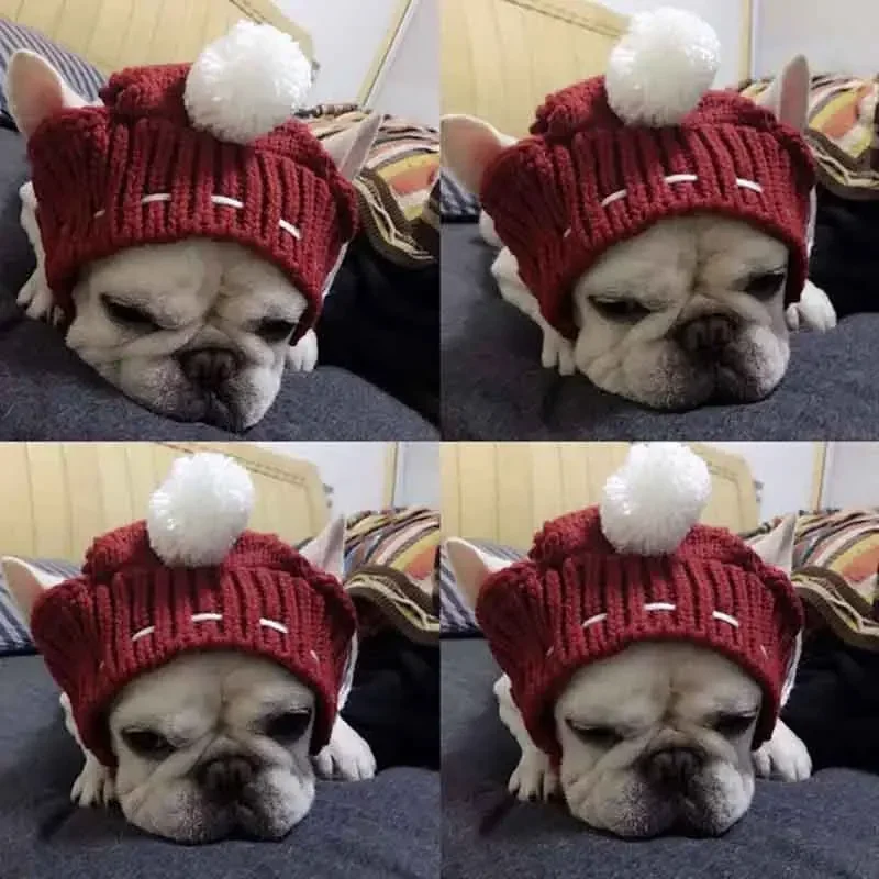 Winter Warm Dog Hat Dog Cap Christmas Pet Hats Dog Accessories Woolen Puppy Hat With Ball Headwear For Small Dogs French Bulldog