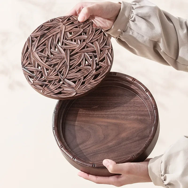 Walnut bamboo round rattan tray household tea tray bamboo retro Chinese fruit tray living room new Chinese simple
