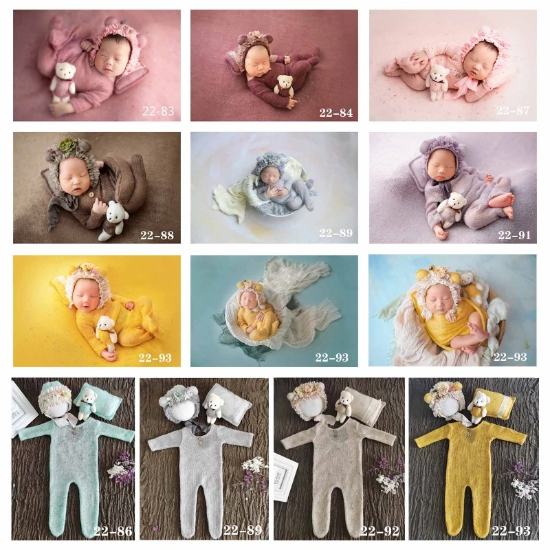 4Pcs Newborn Photography Props Baby Crochet Cute Flowers Hat Romper Pillow Bear Doll Set Soft Warm Knitted Bodysuit Photo Props