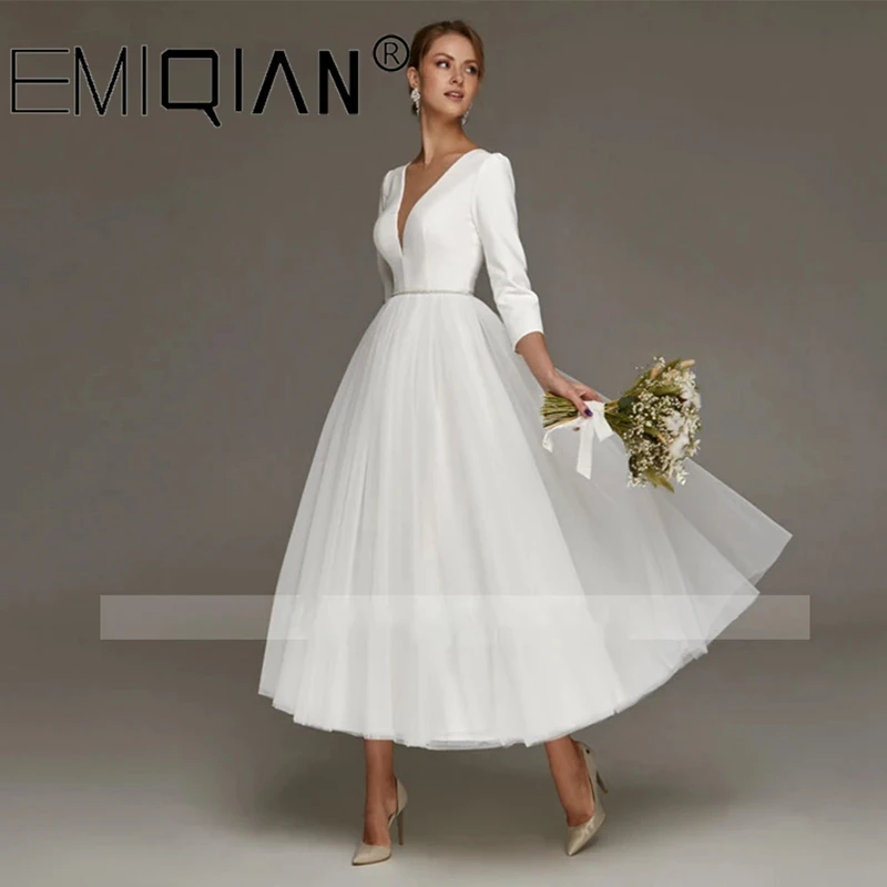 

Simple Short Wedding Dresses For Bride Ankle Length Bridal Gowns A-Line V-Neck 3/4 Sleeves Short Robes Mariee