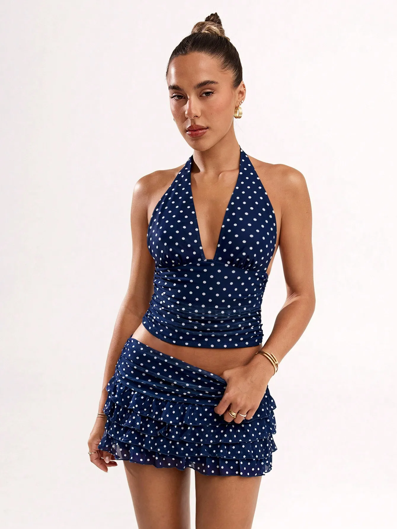 Women's Navy Polka Dot Ruched Waist Tiered Ruffle Mini Skirt