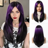 EASIHAIR pelucas sintéticas moradas para mujer, pelucas de pelo largo y liso en capas con flequillo lateral, pelucas negras moradas ombré resistentes al calor