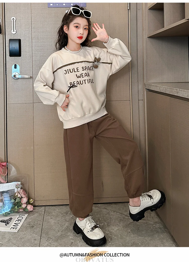 Frühlingskleidungsset für Teenager-Mädchen, Herbst-Trainingsanzug für Kinder, Sweatshirt mit Buchstabenmuster + Hosenanzug, Sportkleidung für die Schule, Kinderkostüme. – Detail 6