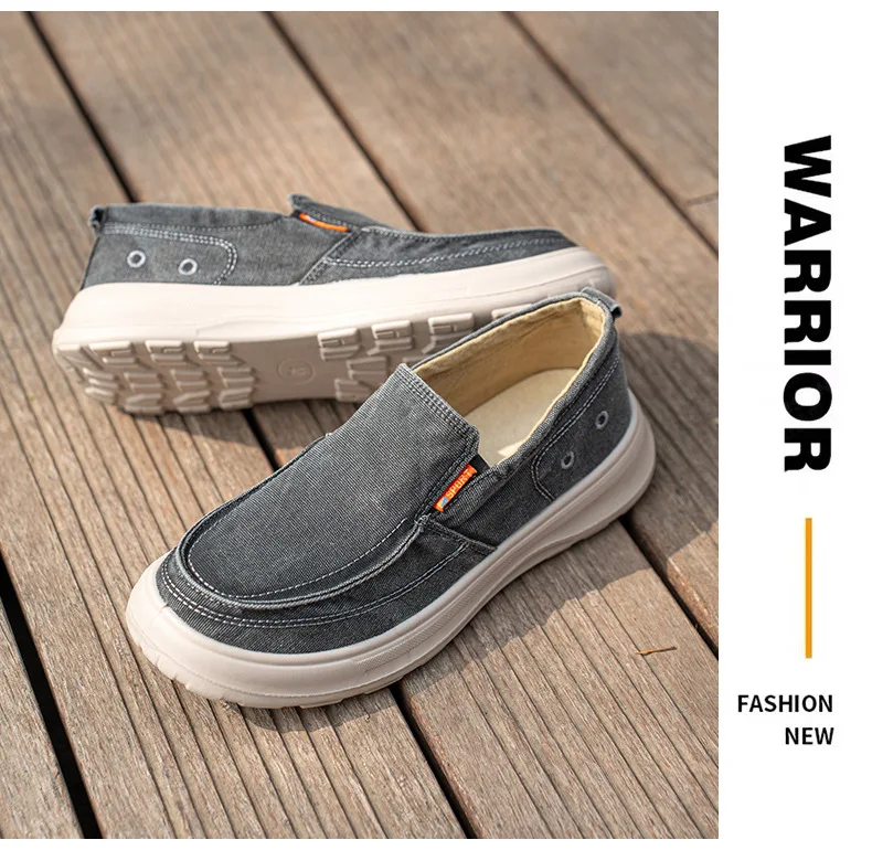 Herren-Slipper aus Canvas, lässige Schuhe, weiches Denim-Obermaterial, atmungsaktives Baumwollfutter, rutschfeste, dicke Sohle, bequeme Loafer zum Gehen. – Detail 13