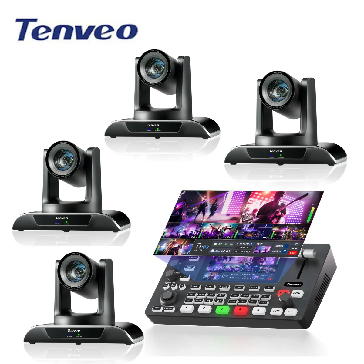 Tenveo VHD630A 30X 1080P NDI PTZ Camera And PC500 Video Mixer Switcher 5.5 Inch Screen 4 HDMI+4 SDI Ports Conference System