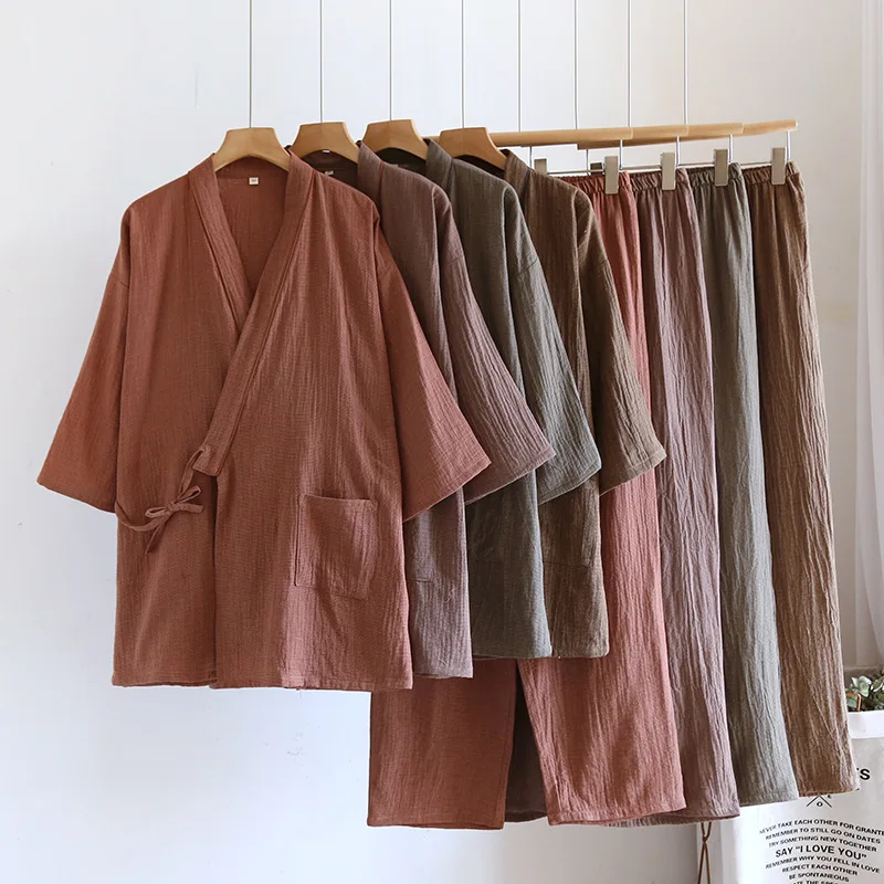 Kimono Robes with Long Pants 2 Pcs Pajamas Clothes for Men's Spring and Autumn Color Woven Plus Size Home Pyjamas Men