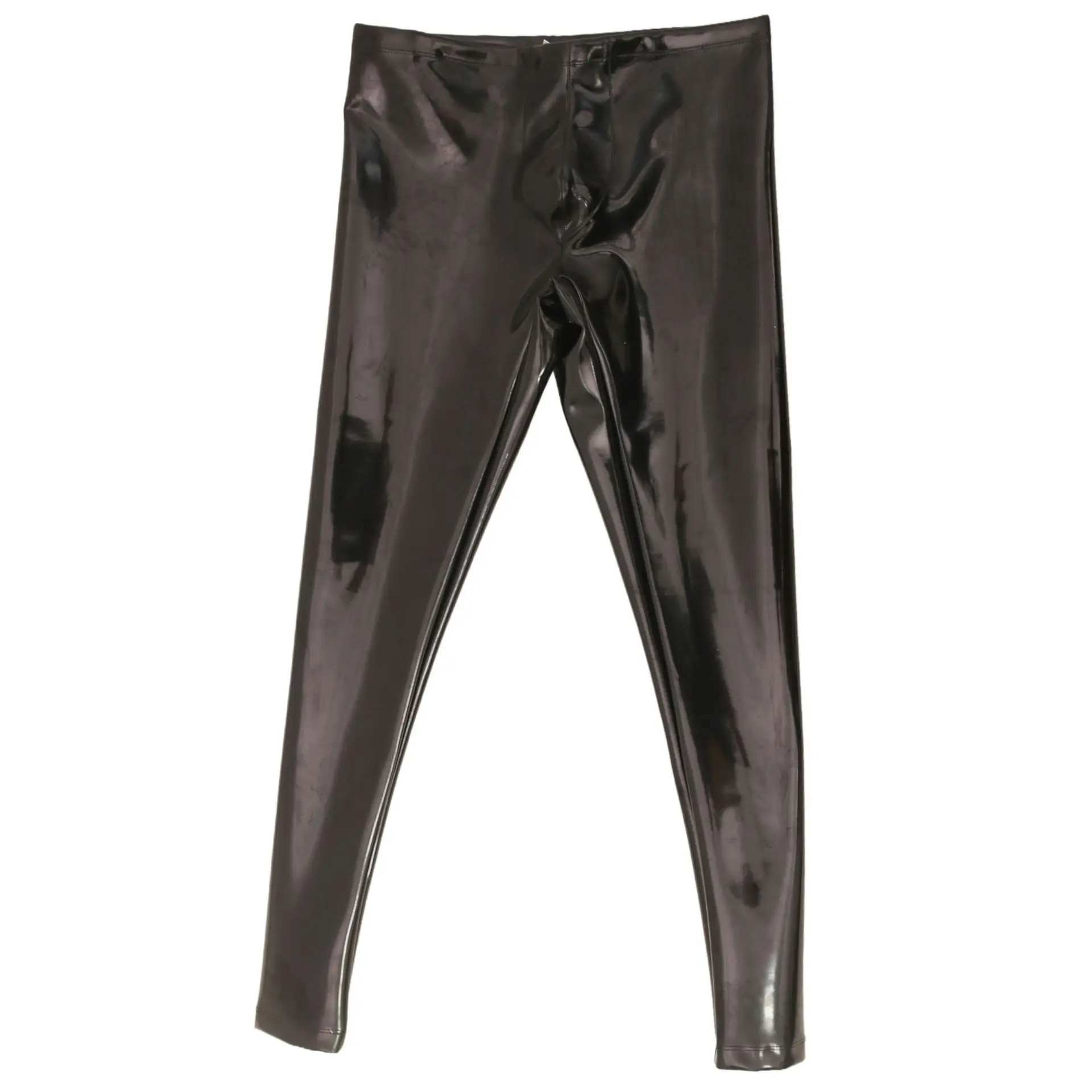 男性用セクシーなPUレザーのスキニーパンツ、スリムで伸縮性があり光沢のあるスタイリッシュなパンツ