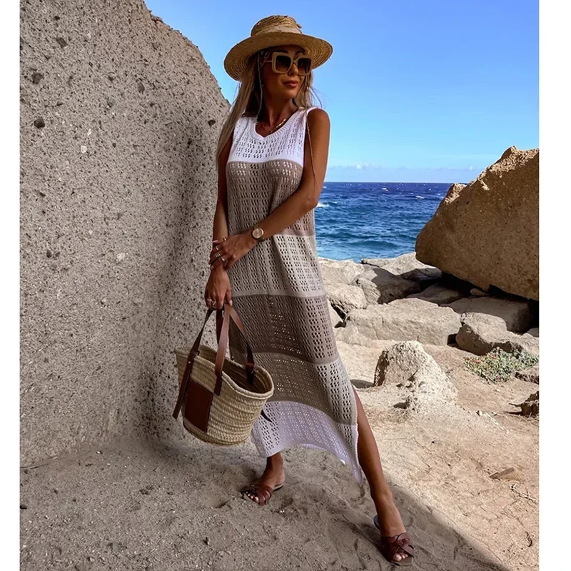 

2024 Crochet Cover-ups Beach Knitted Sexy Hollow Out Summer Dress Women Sundress See Through Tunic Bikinis Cover Up Beachwear