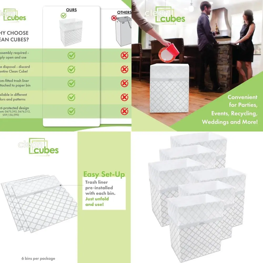 

6-Pack 13 Gallon Collapsible Trash Cans with Liners - Portable Bins for Events, Kitchen Use (Trellis Pattern)