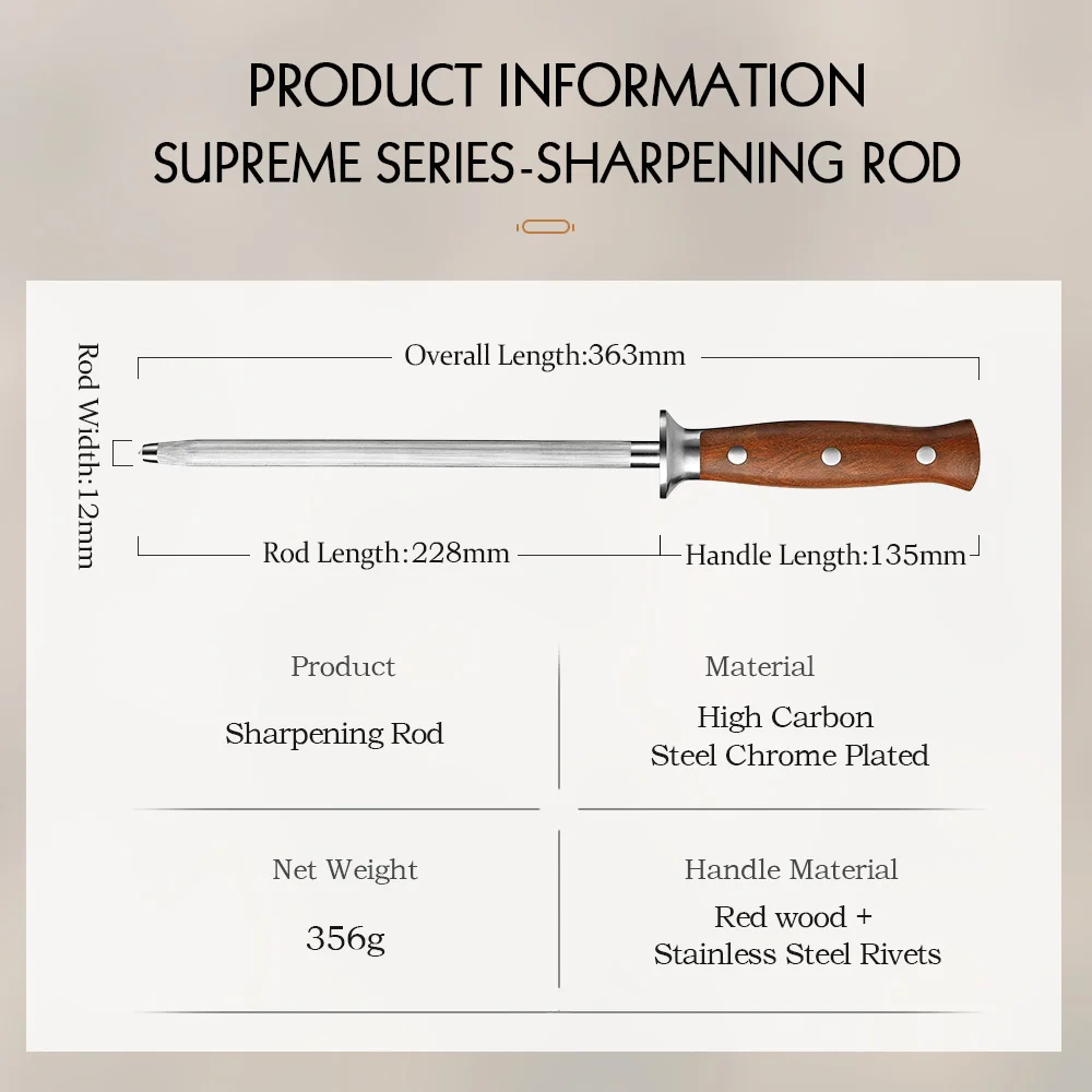 HEZHEN  Knife Sharpener Rod Diamond Sharpening Rose High-carbon Redwood Handle Wear-Resistant Kitchen Tools