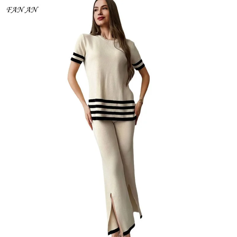 

Autumn Winter New Women's Fashion Casual Short Sleeved Two-piece Set Simple Round Neck Striped Top High Waist Split Pants Set