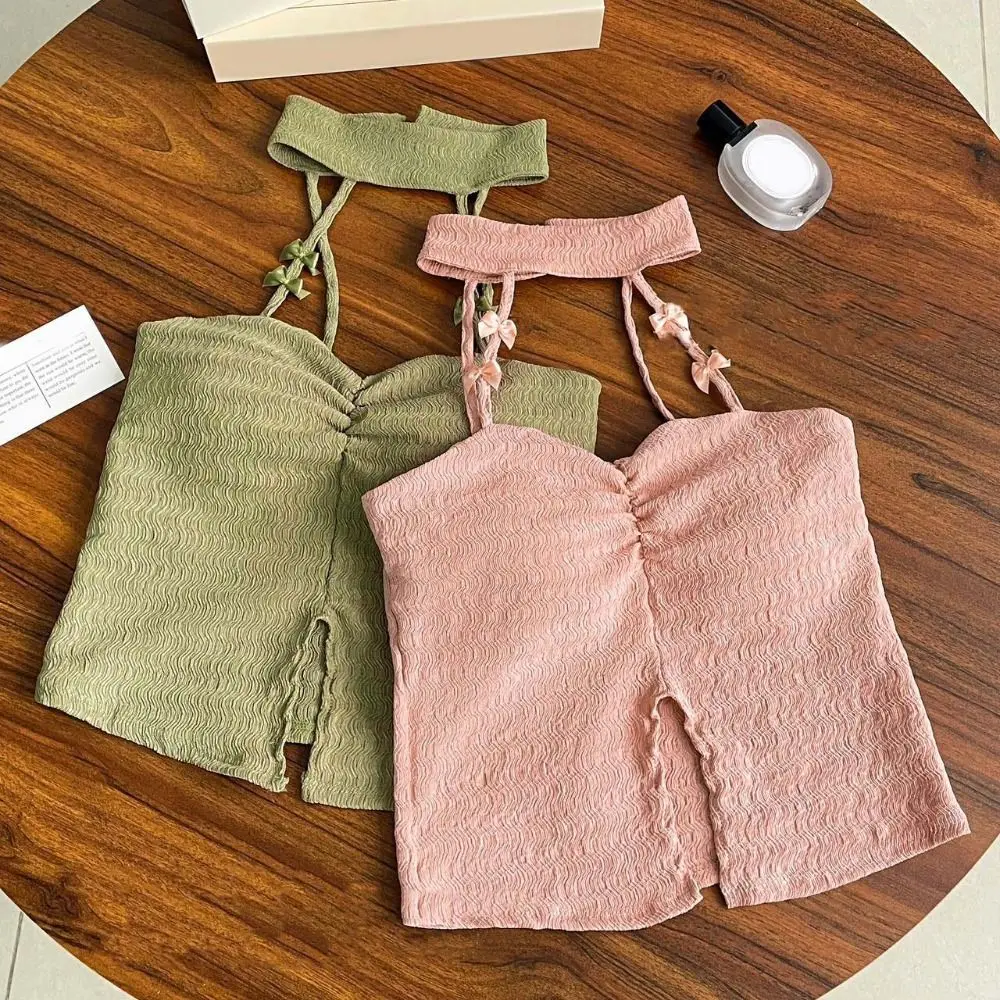 

Undershirt Sleeveless Bow Halter Camisole Hollow Sweet Off Shoulder Camisole Spicy Girl Style Irregular Girl's Vest Top Girl