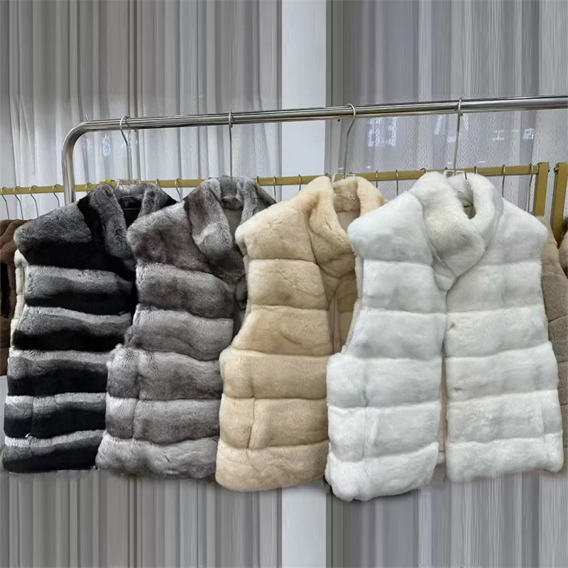 Fur Vest for Woman Real Fur Rex Rabbit Fur Vest |Chinchilla Color Autumn Winter Warm Fluffy Fur Tank Tops Sleeveless Jacket Coat
