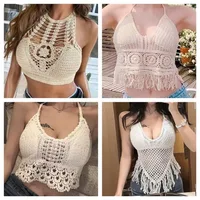 Top bohemio Y2k con flecos y espalda descubierta para mujer, ropa interior con cuello Halter y lazo, ropa de abrigo con cuello colgante, chaleco con tirantes y borlas bordadas, camiseta sin mangas corta