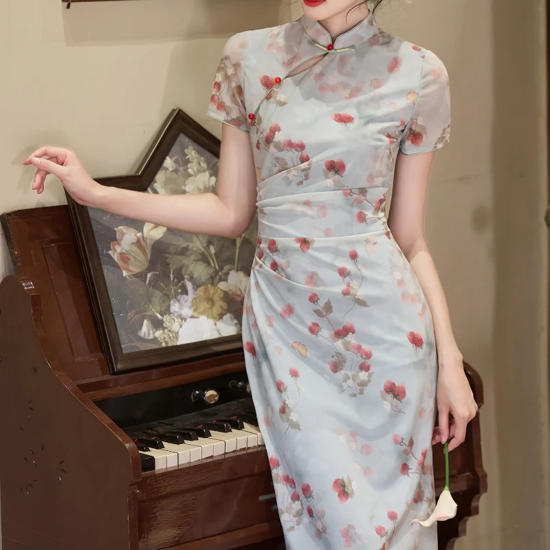 Women Sexy Qipao Satin Mesh Print Cheongsam Sexy Evening Party Dress Mandarin Collar Vintage Button Vestidos Plus Saze 3Xl