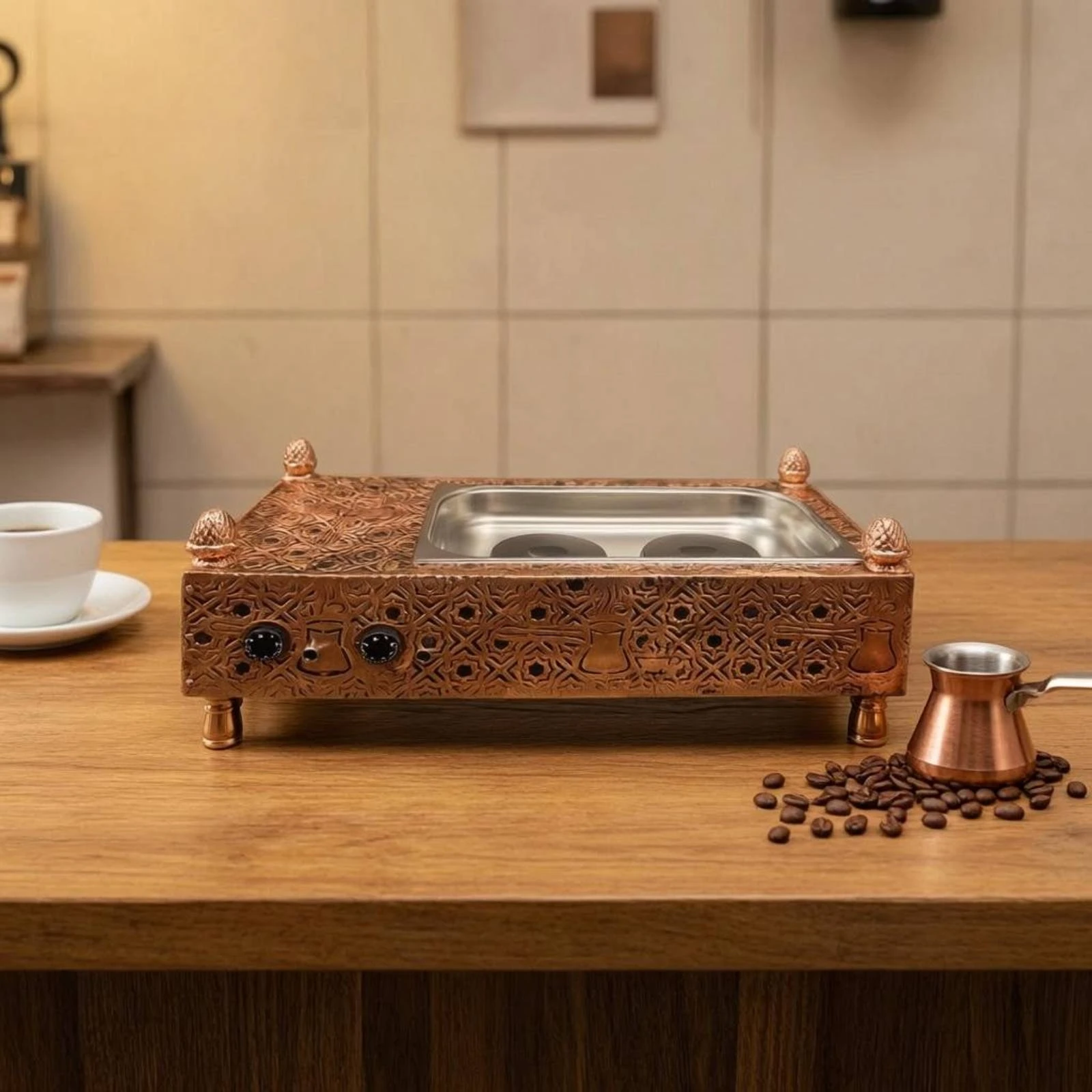 Turkish Coffee Burner Traditional Design Coffee Burner Copper Cezve Set Metal Cooking Appliance Food-Safe Tin Tin-Plated