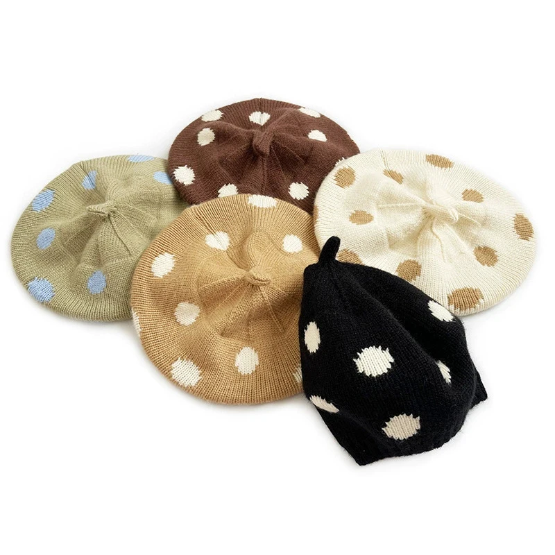 

1-4Y Knitted Painter Hat Girl Maillard color baby Hat Children Polka Dot Wool Beret Warm Knitted Beret for Kids Winter Beanie