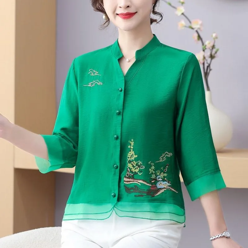 女性用Vネックフラワー刺繍セーター、シフォンTシャツ、ボタンカーディガン、ハーフスリーブ、カジュアルファッション、エレガントなトップス、春、夏