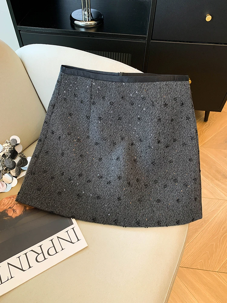 Women's Grey Sequins Skirt 2000s Vintage Harajuku Gyaru Wrap Skirt Korean Style Y2k A-line Luxury Skirts Spring Summer Clothes