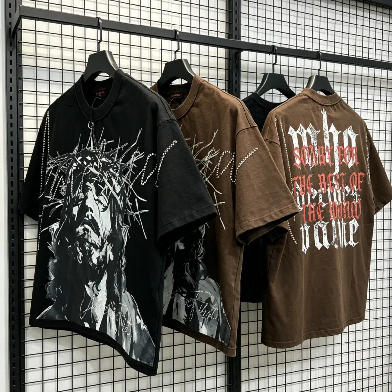 

Thorn Portrait Pattern Faded Letter Print Oversize RARE PEACE Tshirts Rhinestone Cotton Men Women Round Neck Short Sleeve Tops