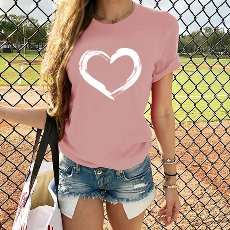 Harajuku Hart Print T-shirt Vrouwen Korte Mouw O Hals Losse T-shirt 2024 Zomer Tee Tops Korte Mouw Vrouwelijke Camisetas Mujer