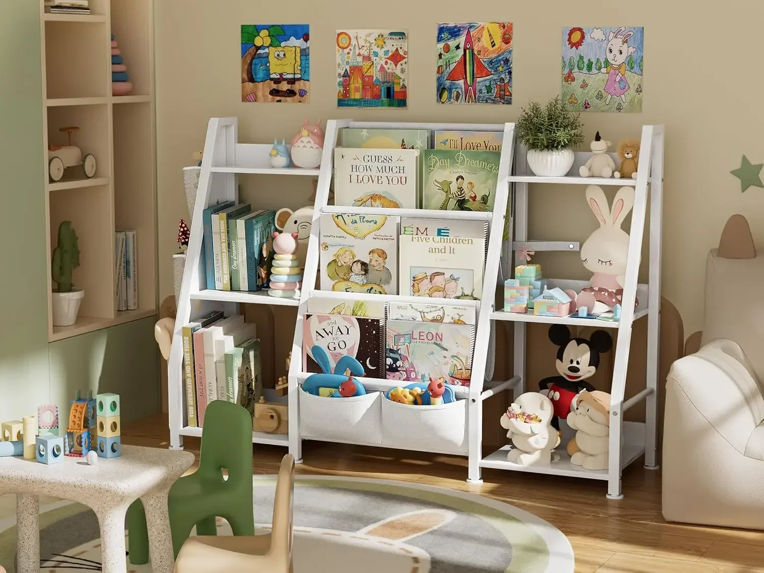 Grande bibliothèque de rangement pour enfants, étagère à livres à 3 niveaux, étagère à jouets pour tout-petit, présentoir T1 avec 3 poches pour chambres d'enfants