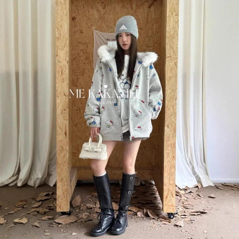 لطيف كيت طباعة هوديي المرأة فضفاض سستة قبعة مزدوجة اللون بلو ربيع الخريف سترة Jaet عارضة تخفيف Sle