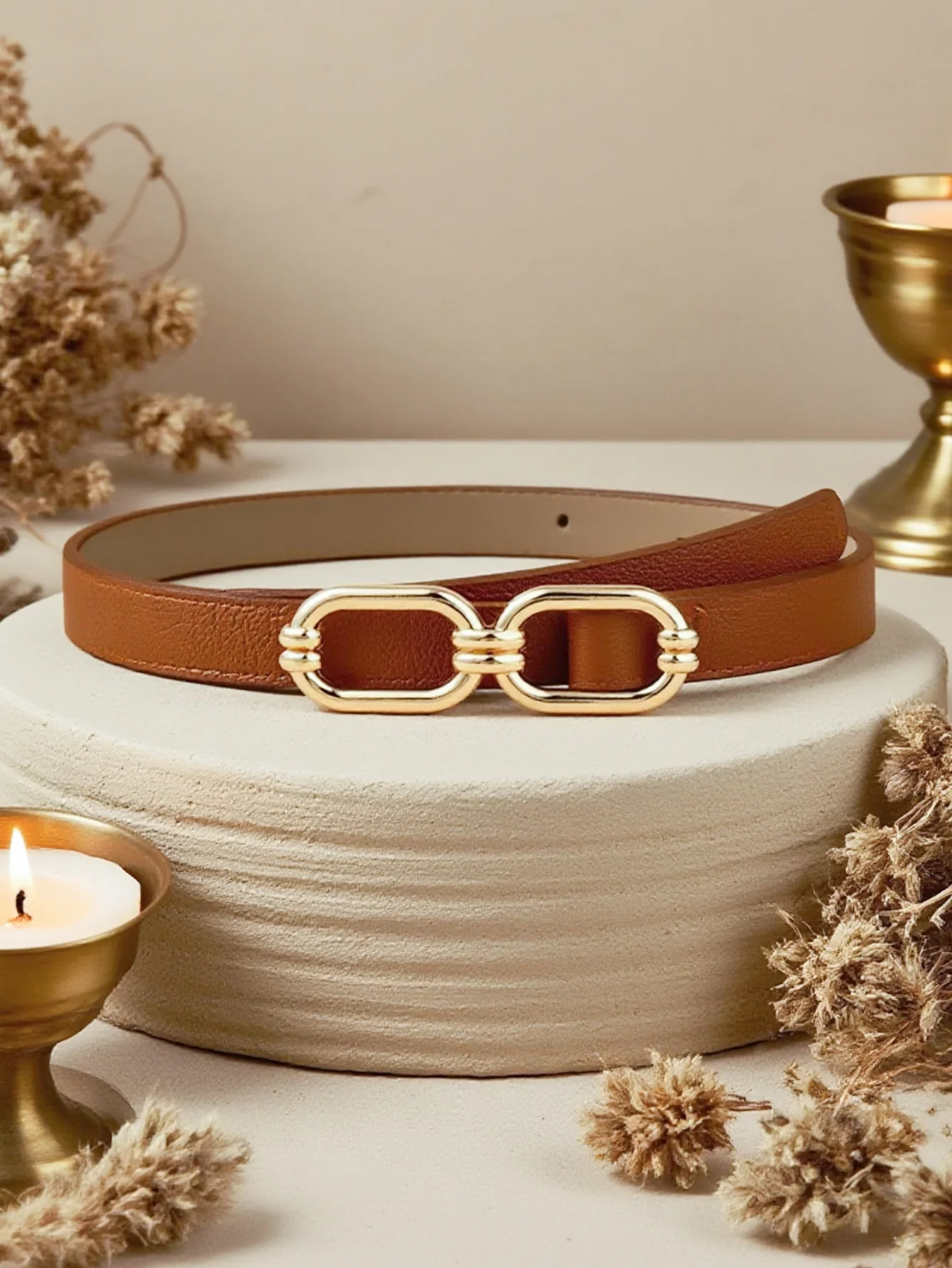 حزام نسائي دائرة مزدوجة مشبك ضغط معدني عالي الجودة حزام جلد PU تصميم فاخر إكسسوارات كلاسيكية حزام ريمين