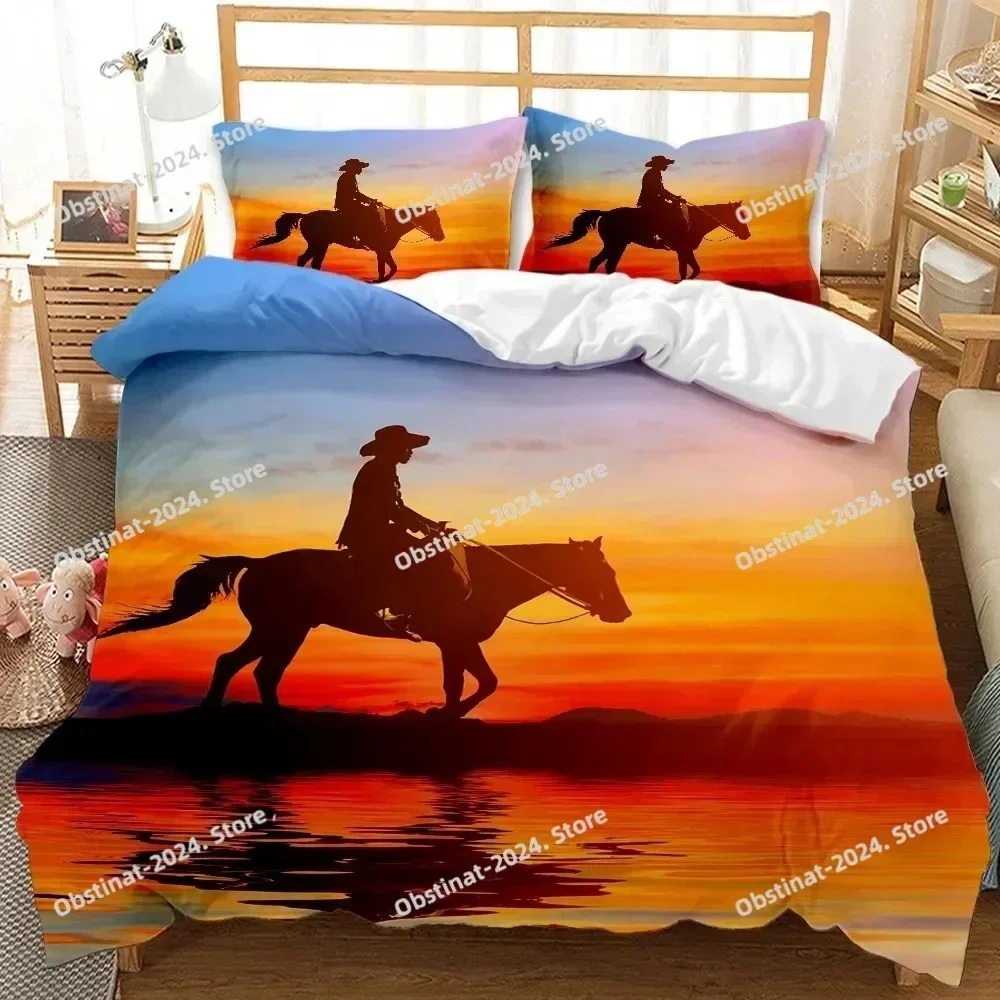Western Cowboy Sunset Scenery Bedding Set Printed single Comforter Quilt Duvet Cover Pillow Case 3 Pieces Sets Kids Adult Size