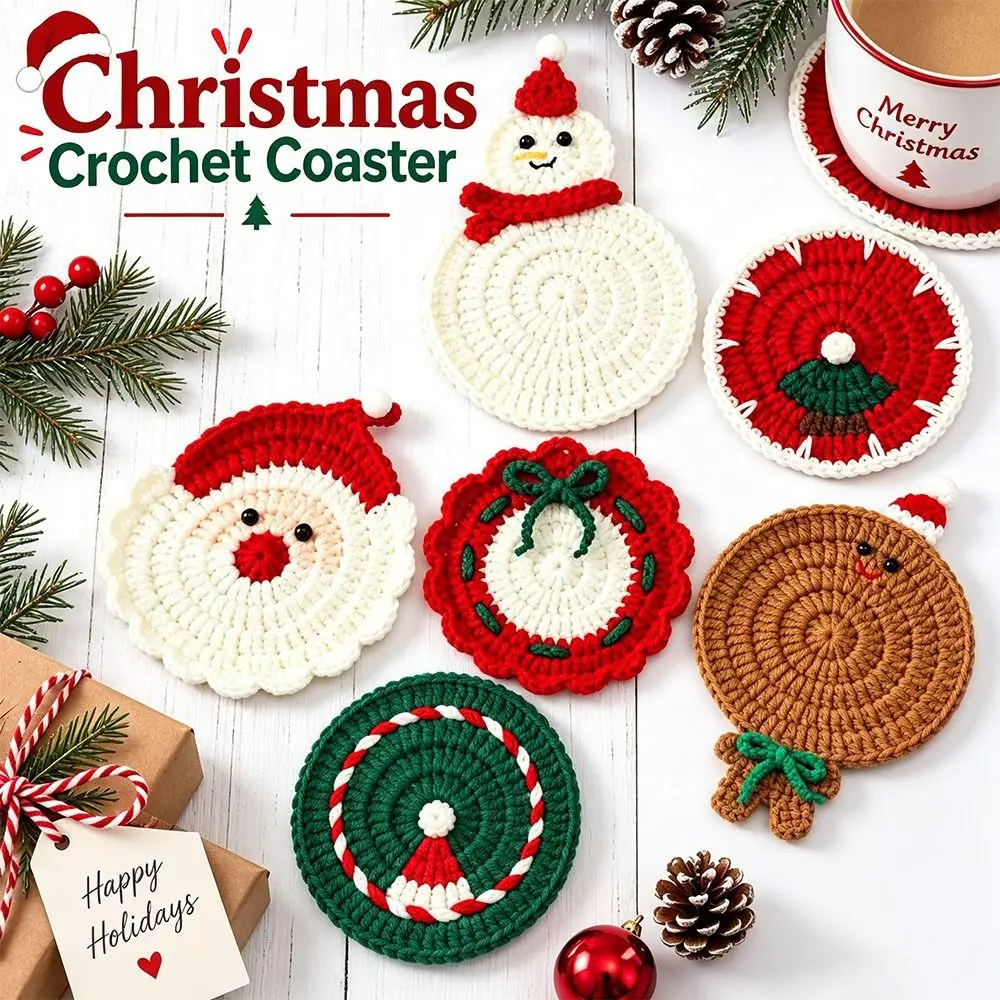 New Handmade Christmas Crochet Coaster Yarn Santa Claus Cup Mat Gingerbread Man Snowman Knitted Drink Coaster Table Decor