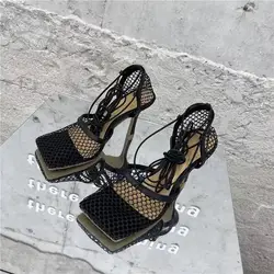 GIOIO Cross border New Large Women's Shoes Fashion Mesh Breathable Square Head High Heels Slim Heel Strap Sandals