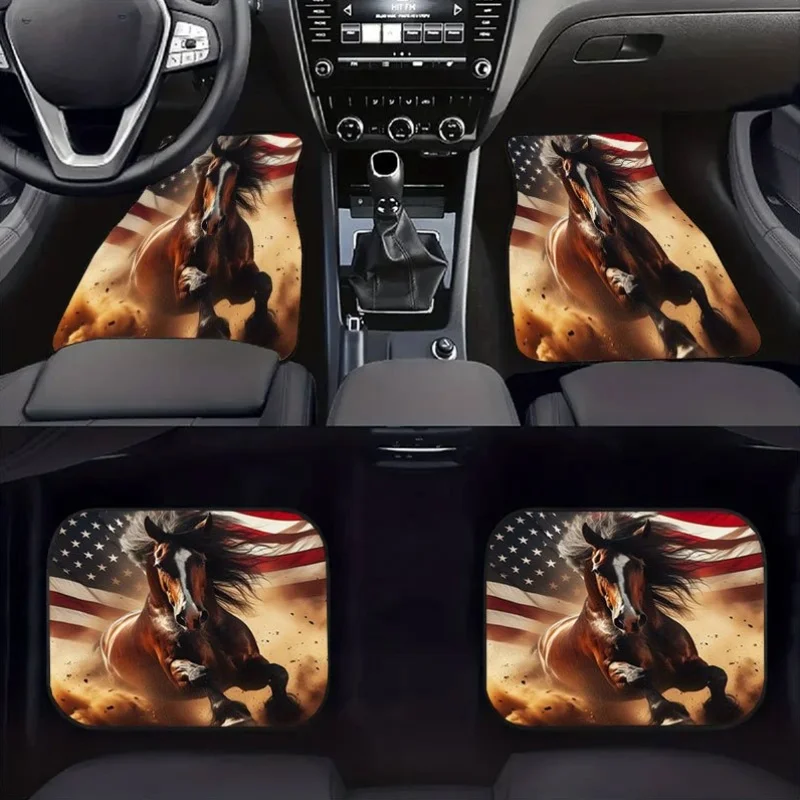 4pcs American Flag Mustang Car Floor Mats Set | All-Weather Protection, Fit For Cars, Trucks, SUVs - Horse & Galloping Mustang D