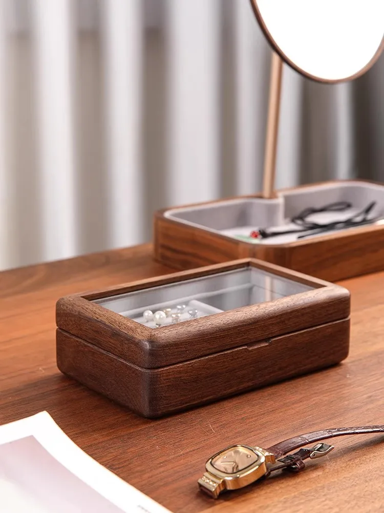 Solid wood jewelry box portable mini vintage high-grade necklace earrings jewelry storage box carry-on