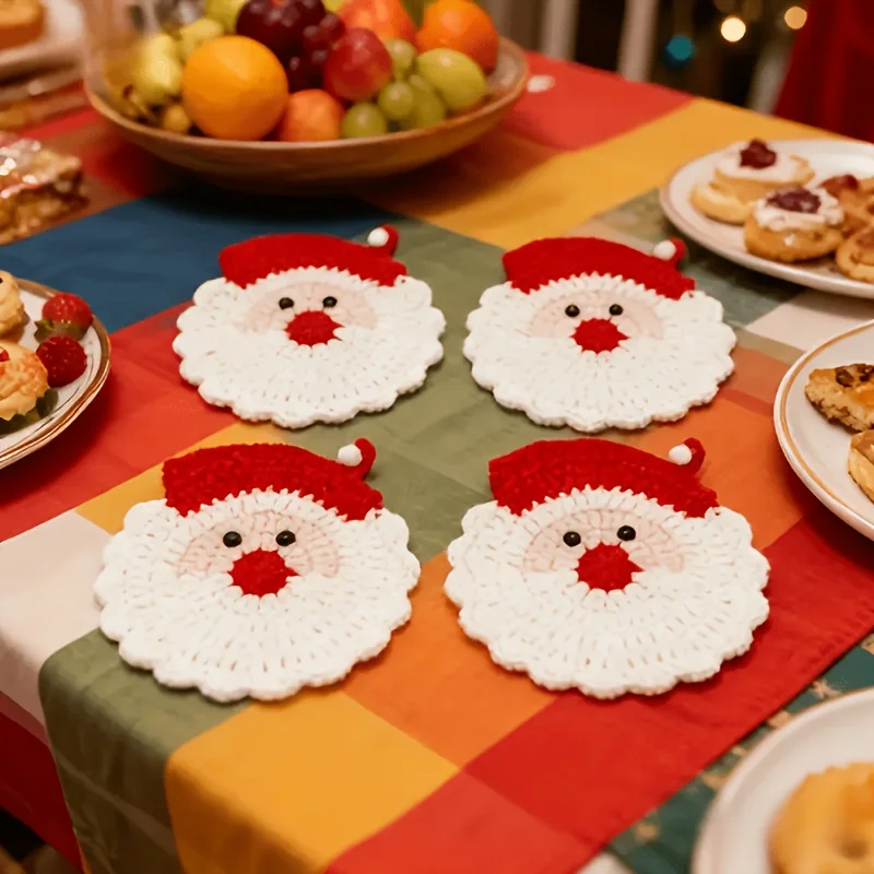 Christmas Santa Claus Crochet Coaster 2Pcs Hand‑Knitted Cup Mat Holiday Home Kitchen Table Decor Xmas Party Tabletop Ornaments