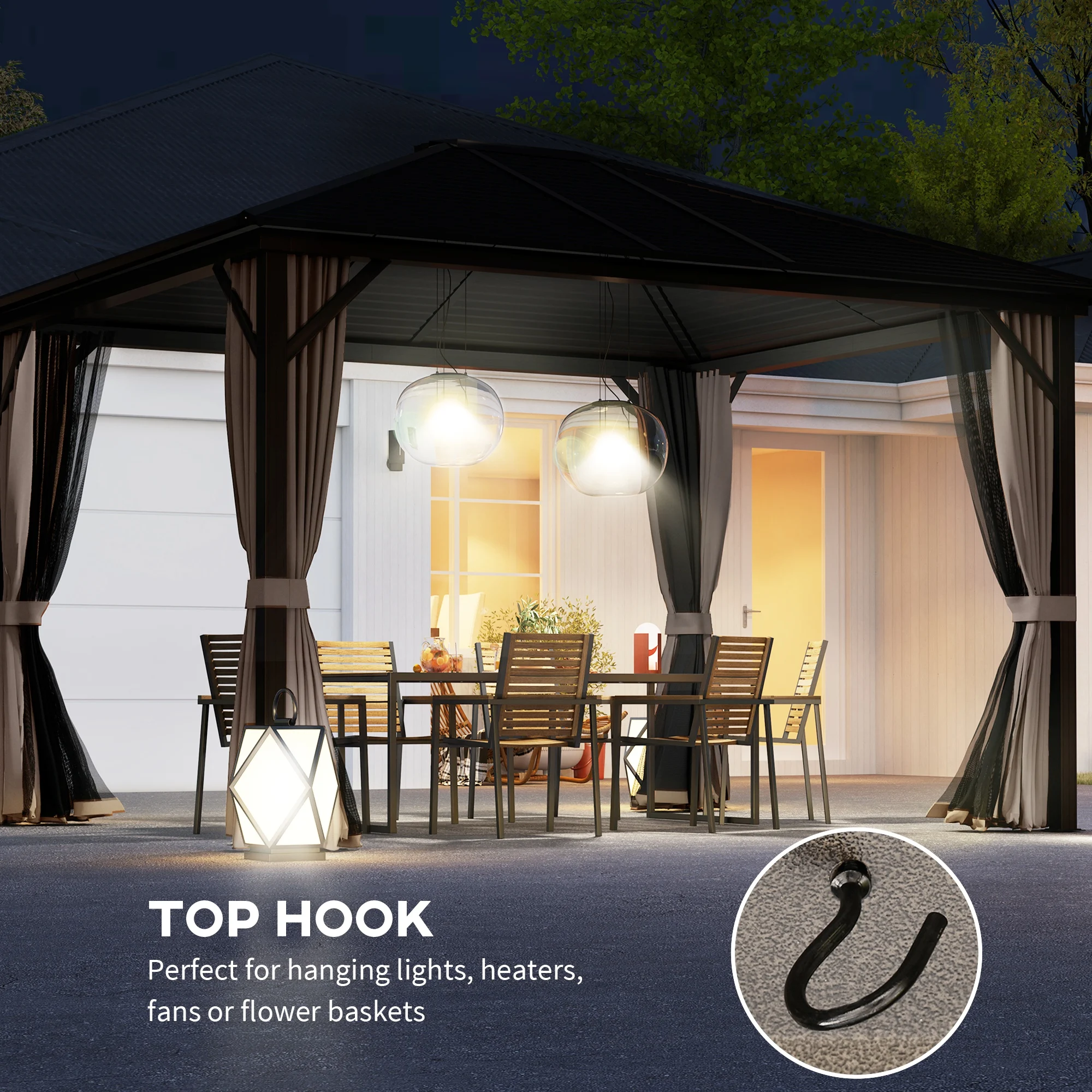 10' X 12' Hardtop Gazebo with Aluminum Frame, Permanent Metal Roof Gazebo Canopy with 2 Hooks, Curtains and Netting for Garden, Coffee image 7
