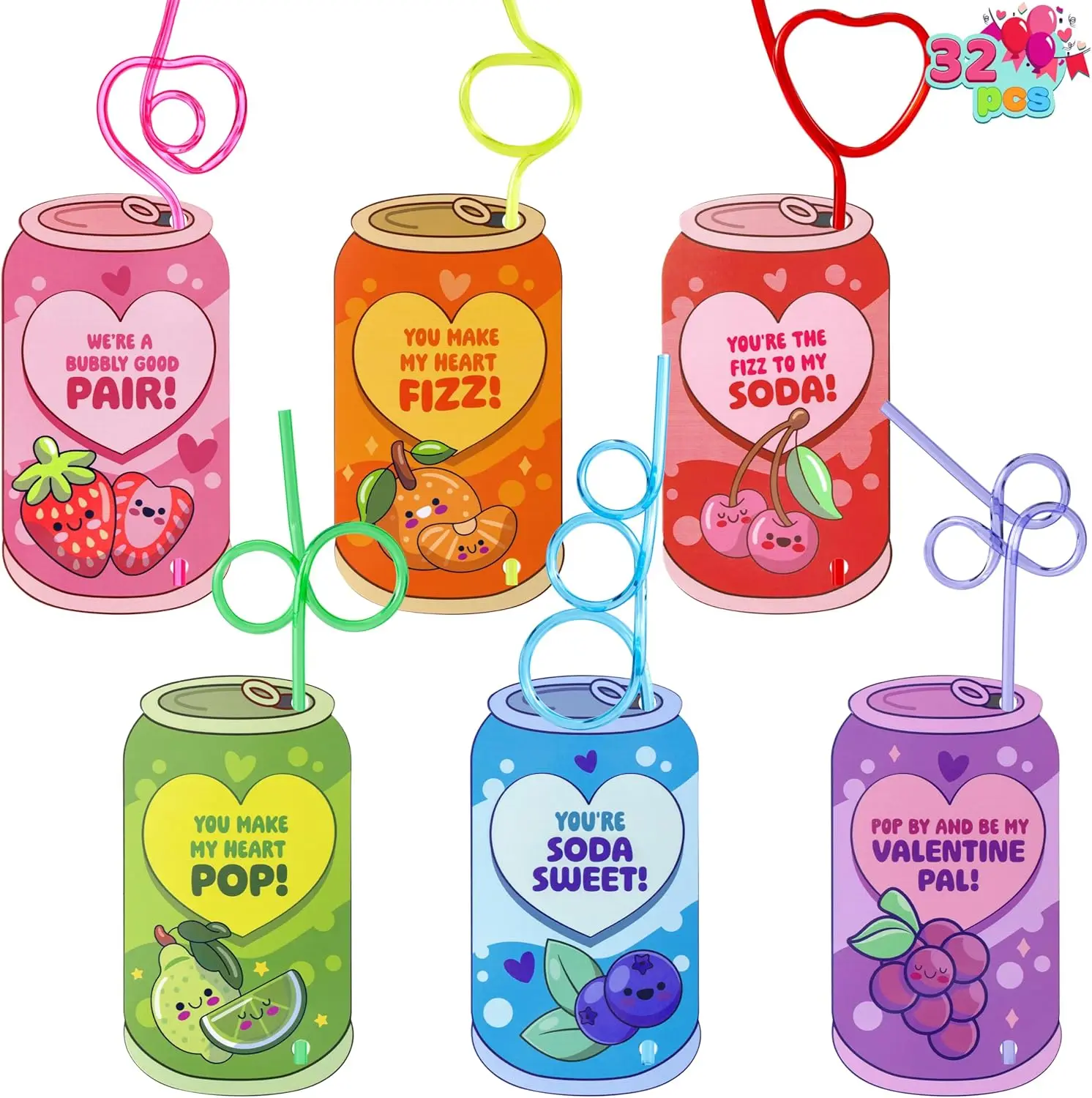 

32 шт. забавных соломинок ко Дню святого Валентина с карточками для напитков, разноцветные многоразовые соломинки для детей, подарки для обмена в классе, сувениры для вечеринок