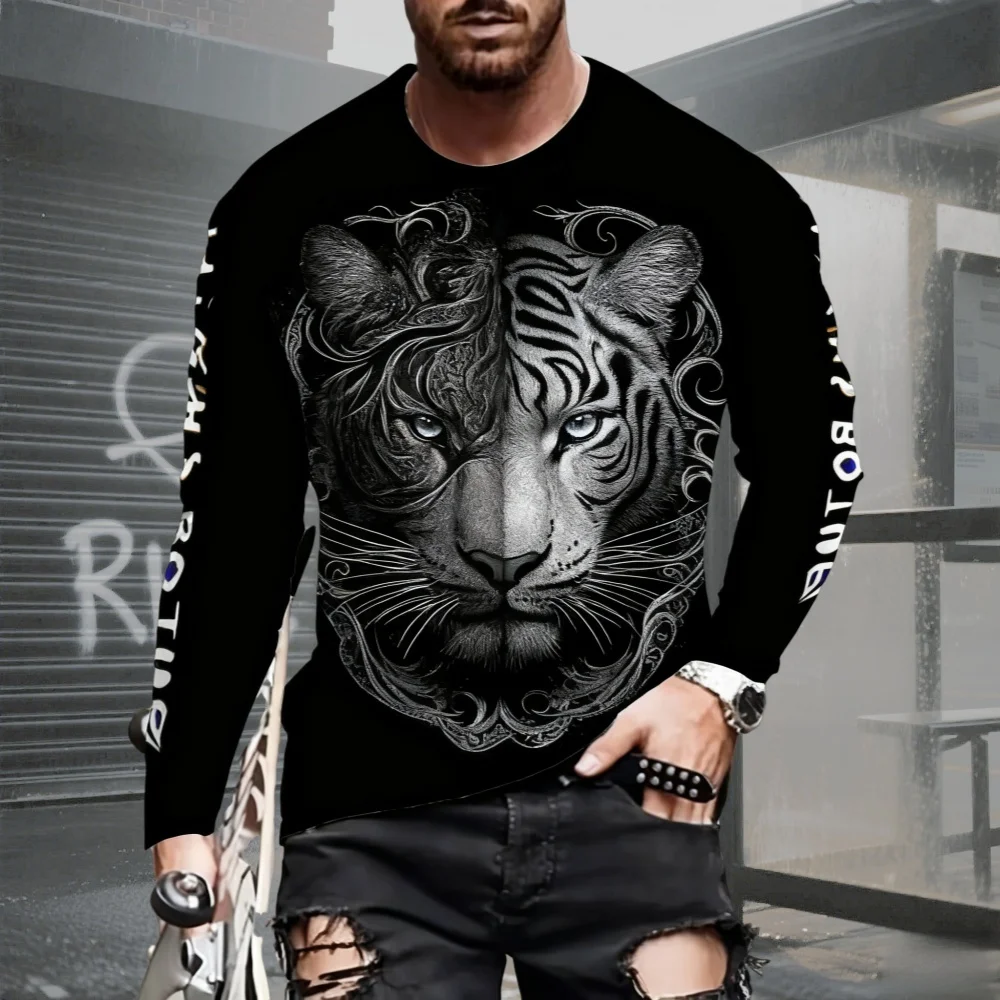 

2025 Мужская футболка с длинным рукавом, повседневная мужская модная повседневная футболка с круглым вырезом и 3D принтом волка, мужская футболка с длинным рукавом, повседневная футболка с длинным рукавом