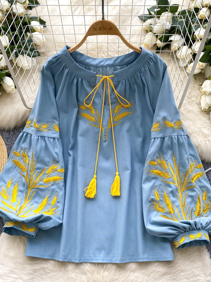 Retro Ethnic Heavy Embroidery Loose Casual round Ne Lantern Sve irt Women's Faionable Base Layer Top