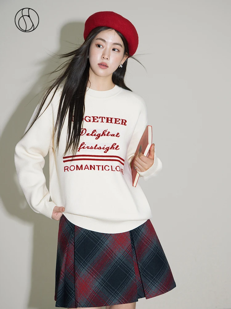 

DUSHU Fashionable Style Contrasting Letter Loose Sweater for Women Winter New Exquisite Round Neck Pullover Sweater Female