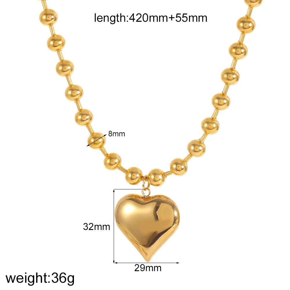 6/8mm Edelstahl-Kugelketten für Damen und Herren in Gold-/Silberfarbe mit Metallanhänger in Form eines dicken Pfirsichherzens – Detail 11