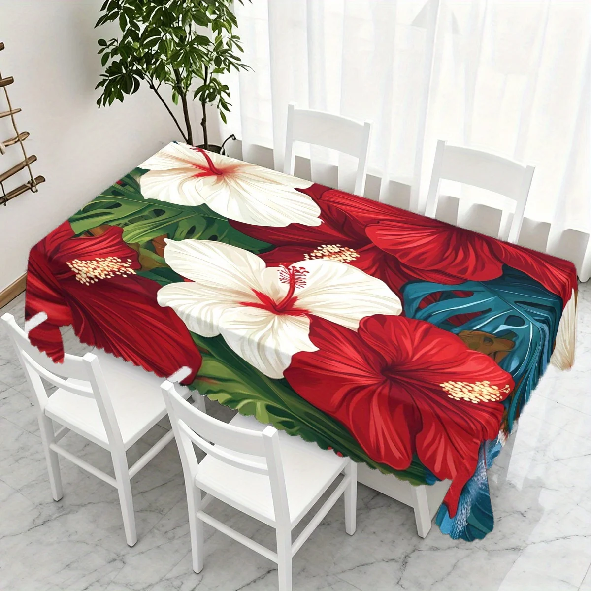 Red White Hibiscus Tropical Leaves Waterproof Tablecloth, Rectangular Cover for Home Dining Summer Floral Theme Party Decor