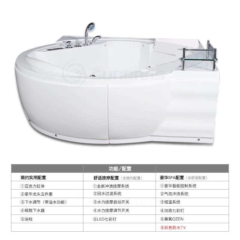 Luxury constant temperature heated twin massage bathtub, European style surfing bubble acrylic