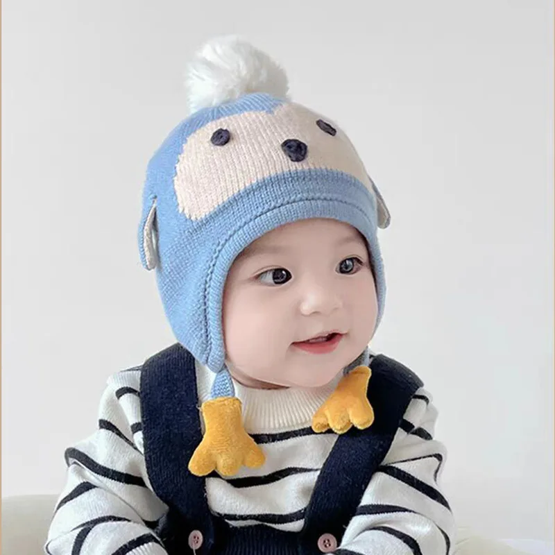 

Детские вязаные шапки для мальчиков и девочек, зимние толстые теплые шапочки с милым рисунком пингвина, теплая защитная шапка для ушей для детей 0-4 лет