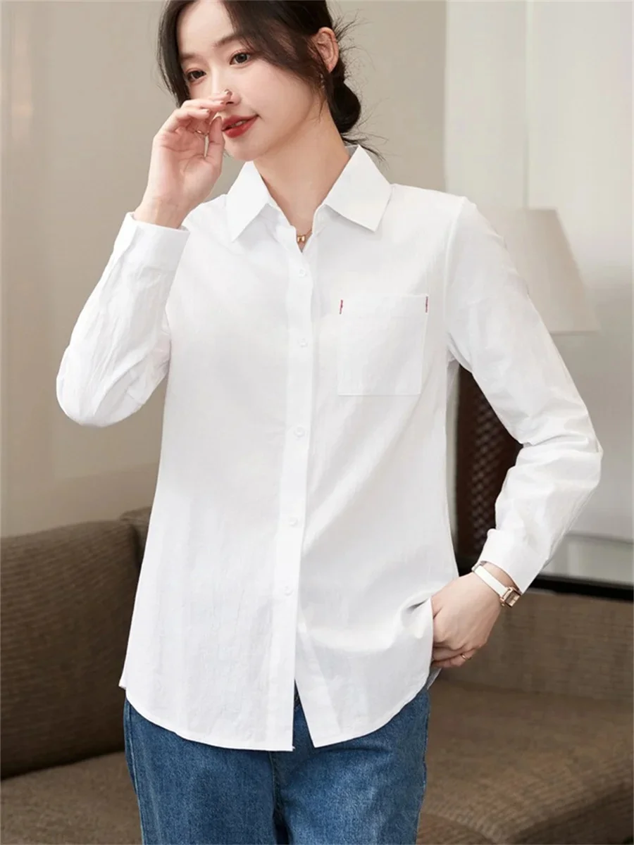 Women Spring Autumn Style Cotton and linen Blouses Shirts Lady Casual Long Sleeve Turn-down Collar White Blouses Tops