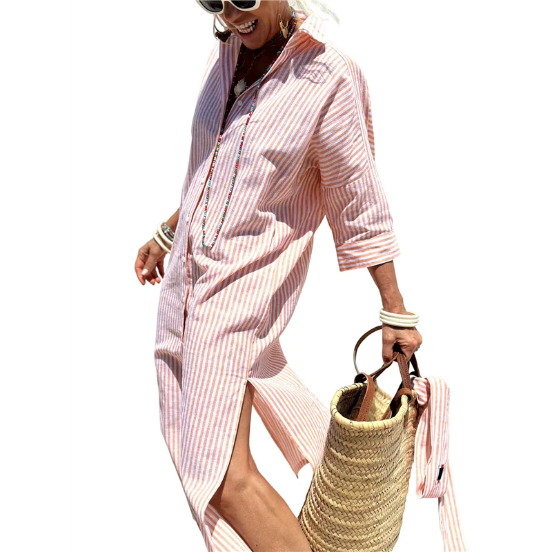 ABP-Vestido camisero para mujer, informal, con solapa, manga 3/4, cuello abotonado, lazo con abertura, vestido maxi resort