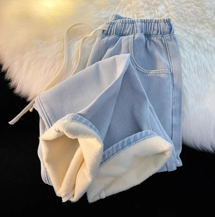 Thickened Fleece Straight Leg Jeans Women's Warm Slimming Elastic Waist Loose Wide Leg Autumn Winter Tied Rope Light Color Pants