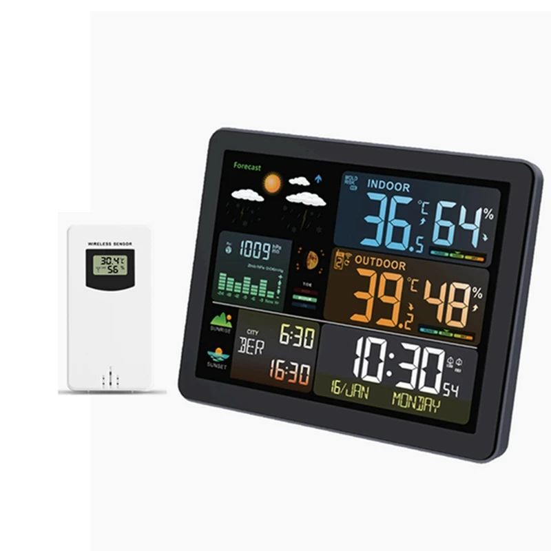 Color Weather Station Wall Dual Alarm Clock Digital Temperature Humidity Mointor Barometer Moon Phase Tide Indicator Sensor -40C