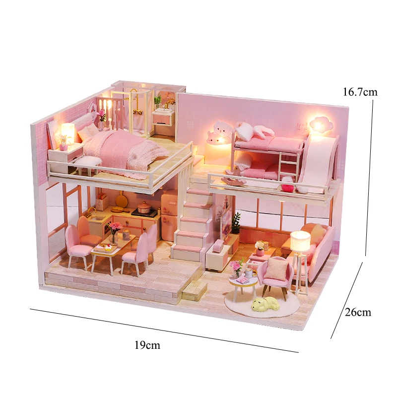DIY Wooden Doll House Handmade Duplex Apartment Production 3D Puzzle Assembly Building Duplex Apartment Model Toy Birthday Gifts