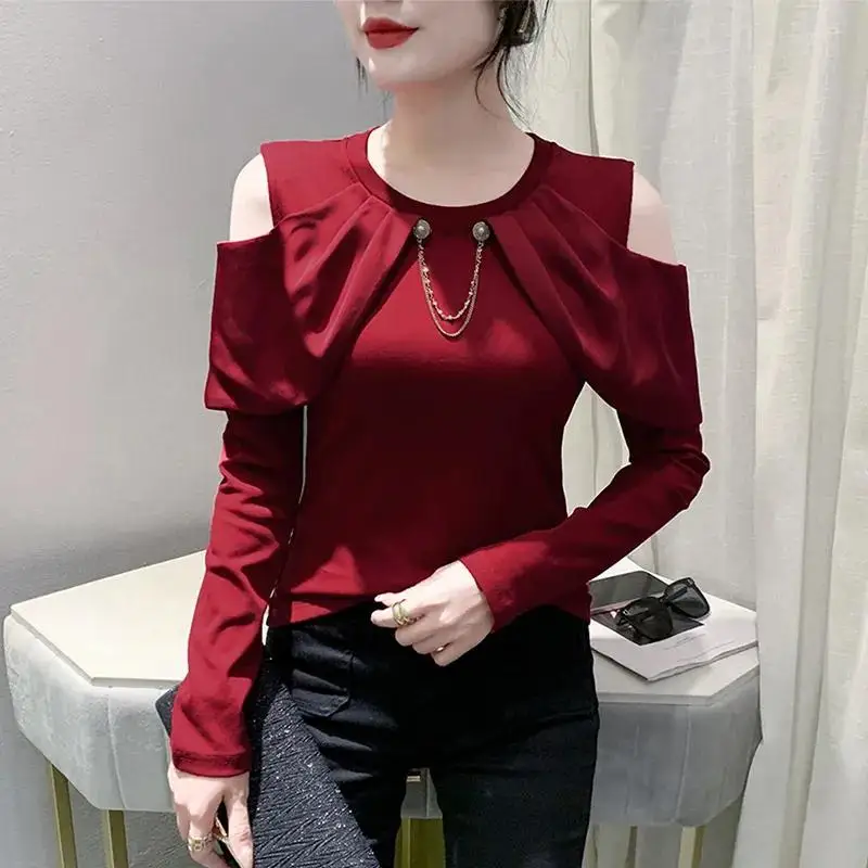 Spring Autumn Long Sleeve Off Shoulder Bottoming Shirt Hollow Out Slim Temperament T Shirt Tops Fashion Elegant Women Clothing